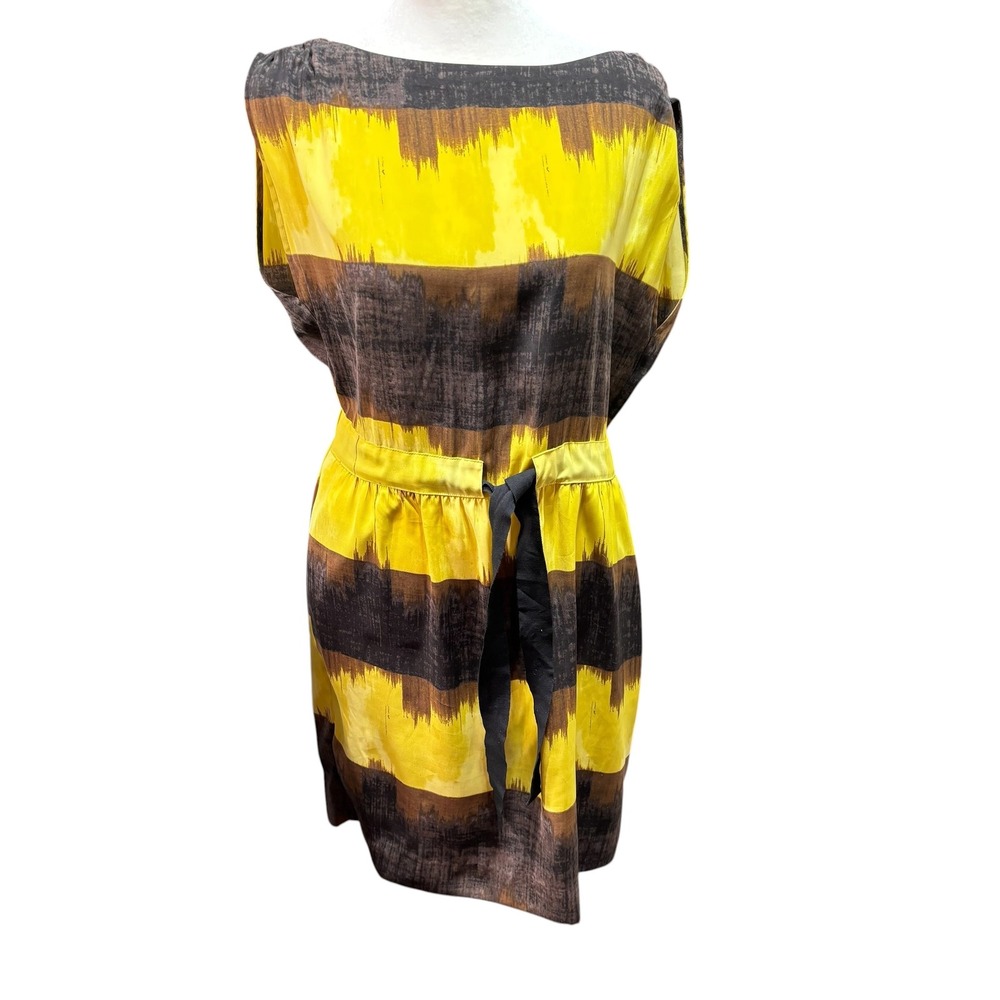 Rachel Roy Yellow Brown Ikat Stripe Sleeveless Tie Waist Dress‎ Small #956